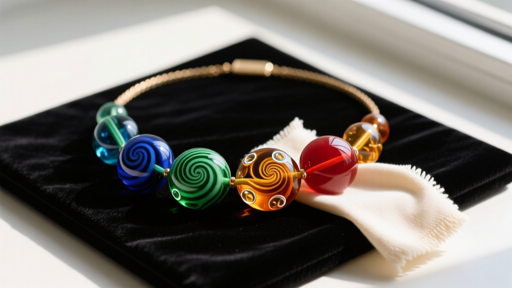 Microfiber cloth gently polishing a Marni necklace of large colorful hand-blown Murano glass beads resting on a dark velvet pad.