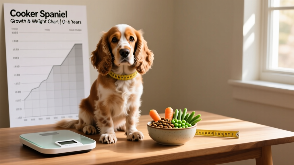 A Cocker Spaniel sitting beside a measuring tape and digital scale, with a bowl of balanced kibble and fresh vegetables nearby