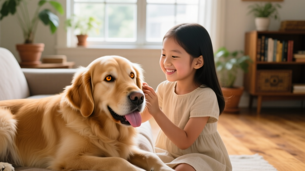 A Golden Retriever resting his head on a young girl’s lap while she gently strokes his ears