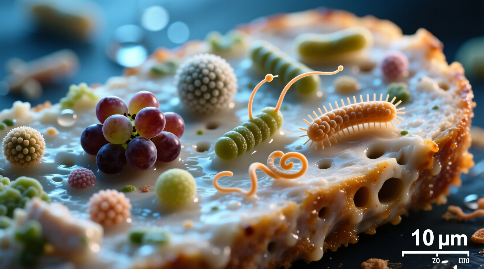 Microscopic view of bacteria on contaminated food surface