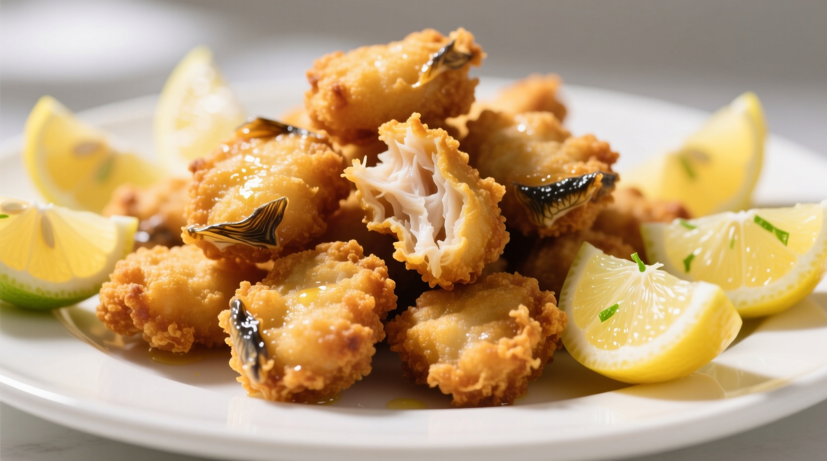 Golden brown catfish nuggets on white plate with lemon wedges