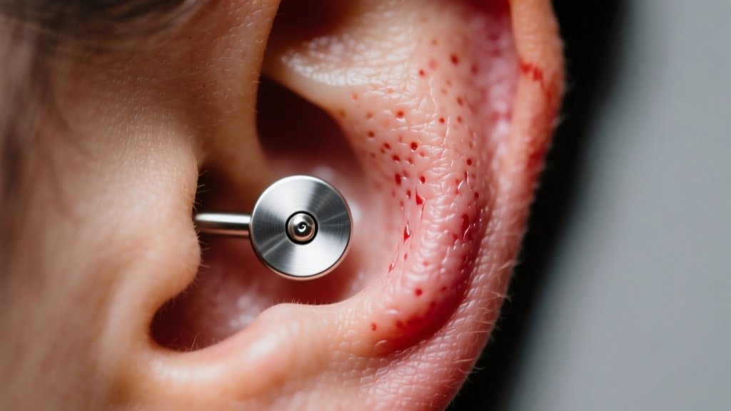 Close up of a swollen earlobe with an 18-gauge implant-grade titanium flat-back labret, soft clinical lighting, high detail macro