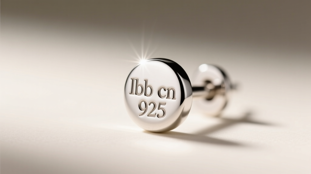 Close-up of a sterling silver earring post showing the tiny 1bb cn 925 hallmark stamp, illuminated by a macro jewelry light