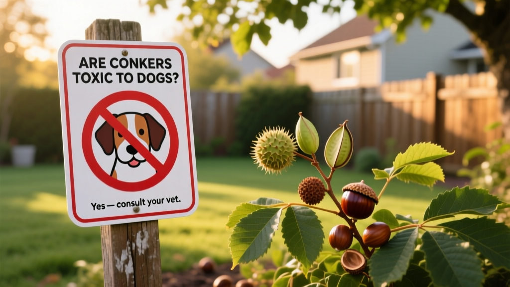 Illustrated warning sign showing a dog with a conker crossed out, next to common backyard plants