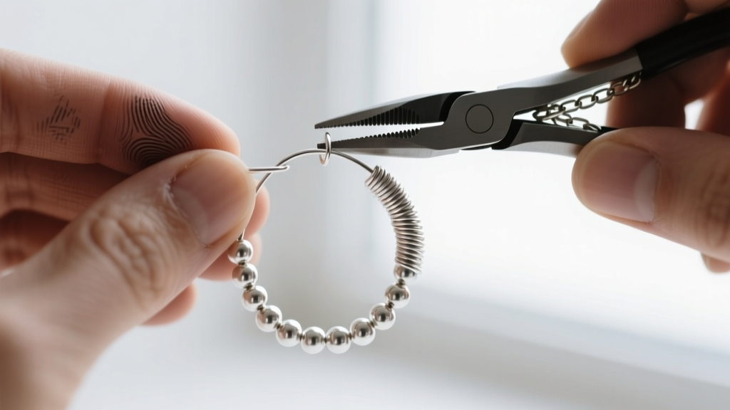 Macro shot of hands using chain-nose pliers to form a secure wrapped loop on a 22-gauge argentium silver beaded hoop earring