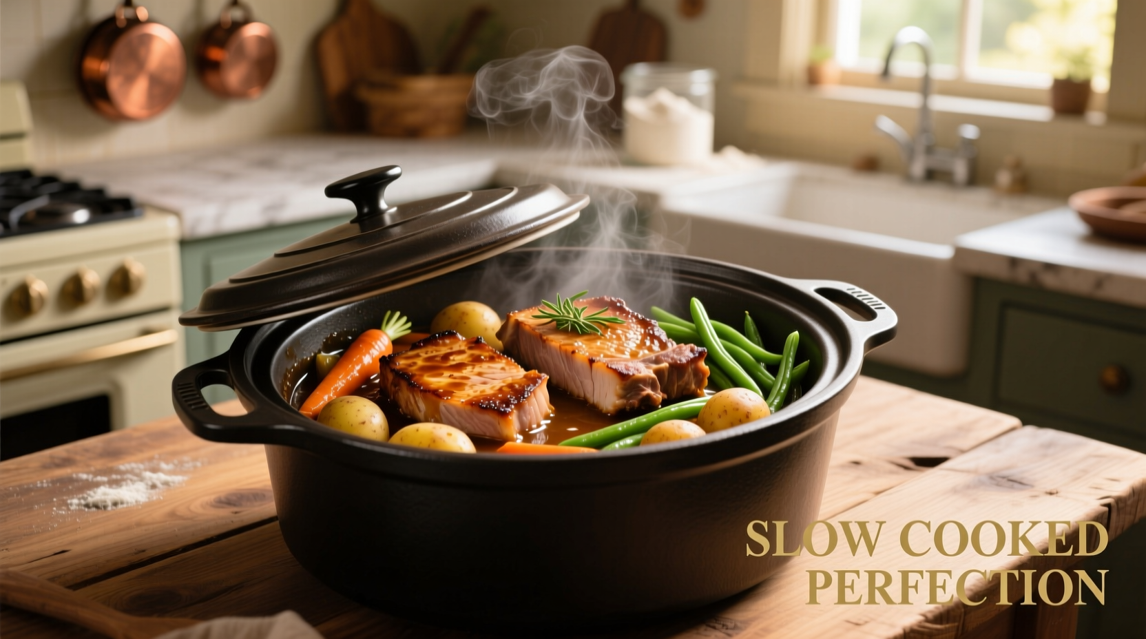 Slow cooker with seared pork chops and vegetables