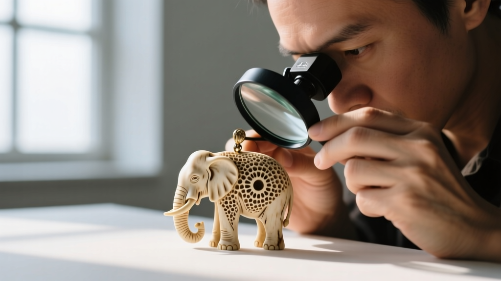 Jeweler using a 10x loupe to examine the porous surface of a carved bone elephant pendant for Haversian canal patterns
