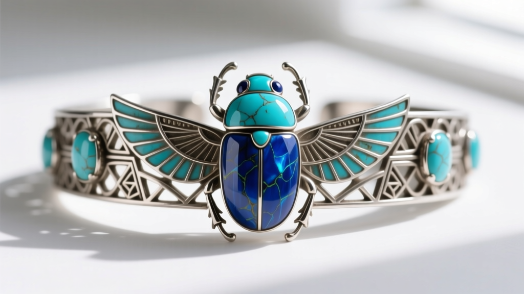 Macro shot of a vintage 1920s Art Deco Egyptian revival scarab bracelet with platinum settings and calibrated turquoise cabochons.