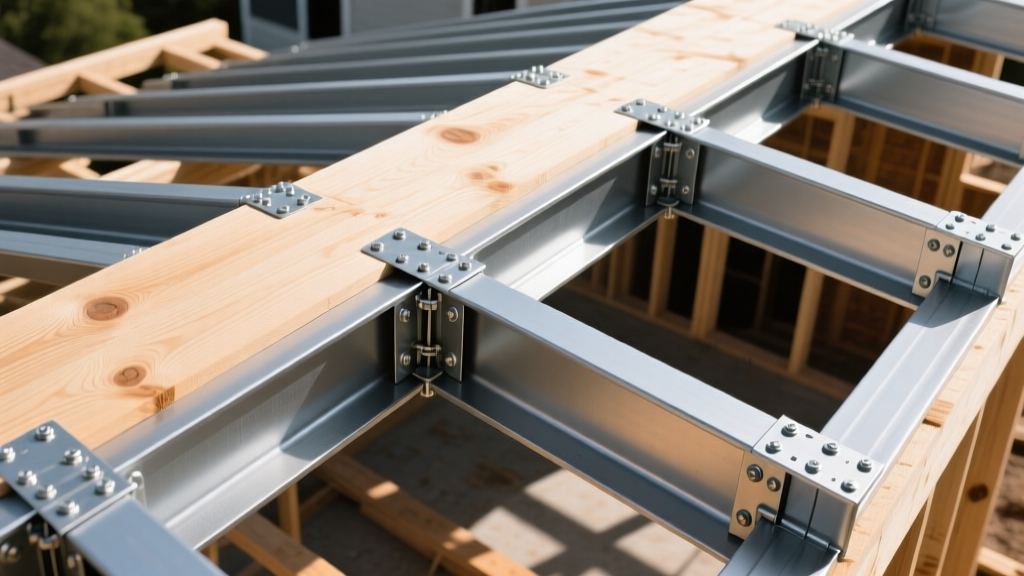 Cold-formed steel roof trusses secured with metal hurricane ties above a pressure-treated timber top plate on a residential framing site