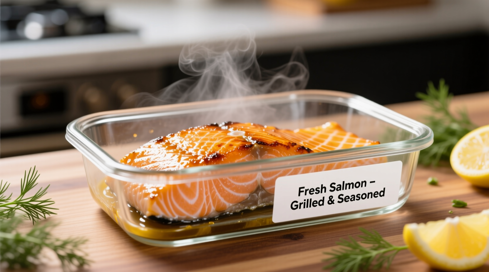 Fresh cooked salmon in glass container with proper labeling