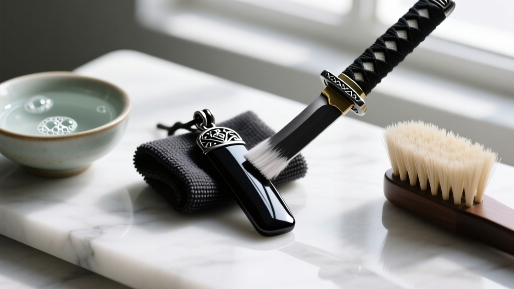 Microfiber cloth gently polishing a blackened steel katana pendant, next to a small bowl of mild soapy water and a soft-bristle brush.