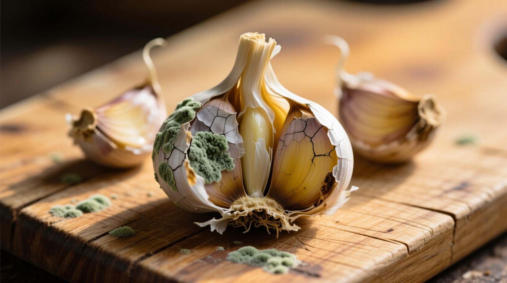 Close-up of moldy garlic cloves on wooden cutting board