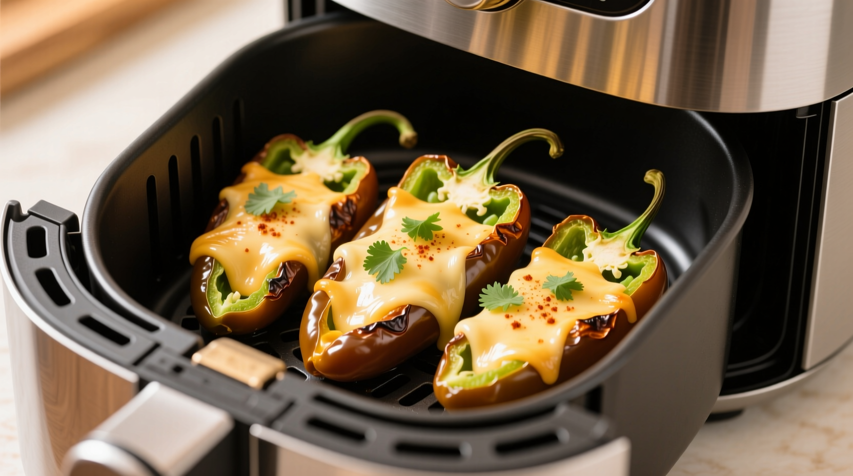 Golden brown jalapeño poppers in air fryer basket