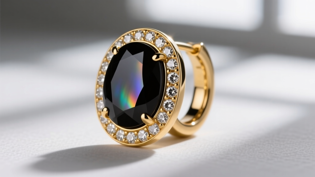 Macro shot of a bezel-set black onyx cabochon in an 18k gold huggie earring, showing the stone