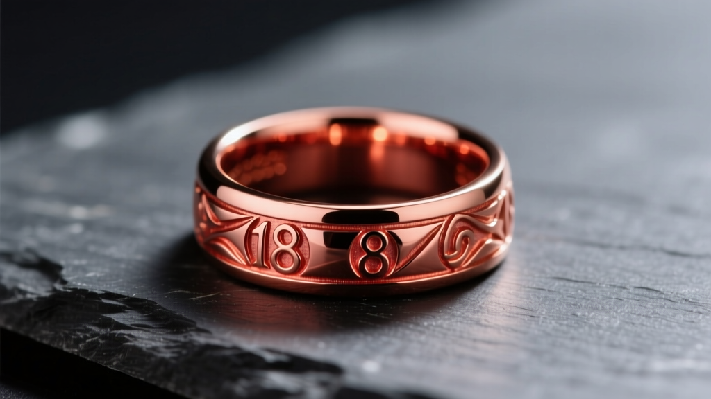 Close-up of a polished 18-karat red gold signet ring resting on dark slate, highlighting its deep coppery-red metallic hue