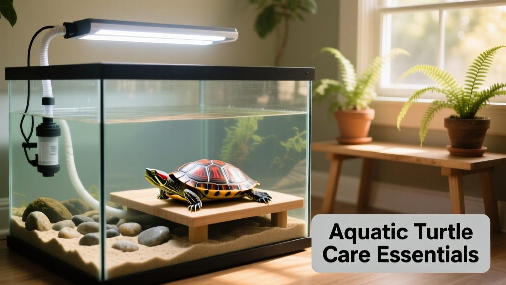 Well-set-up aquatic turtle habitat with basking dock, UVB light, water filter, and clean substrate