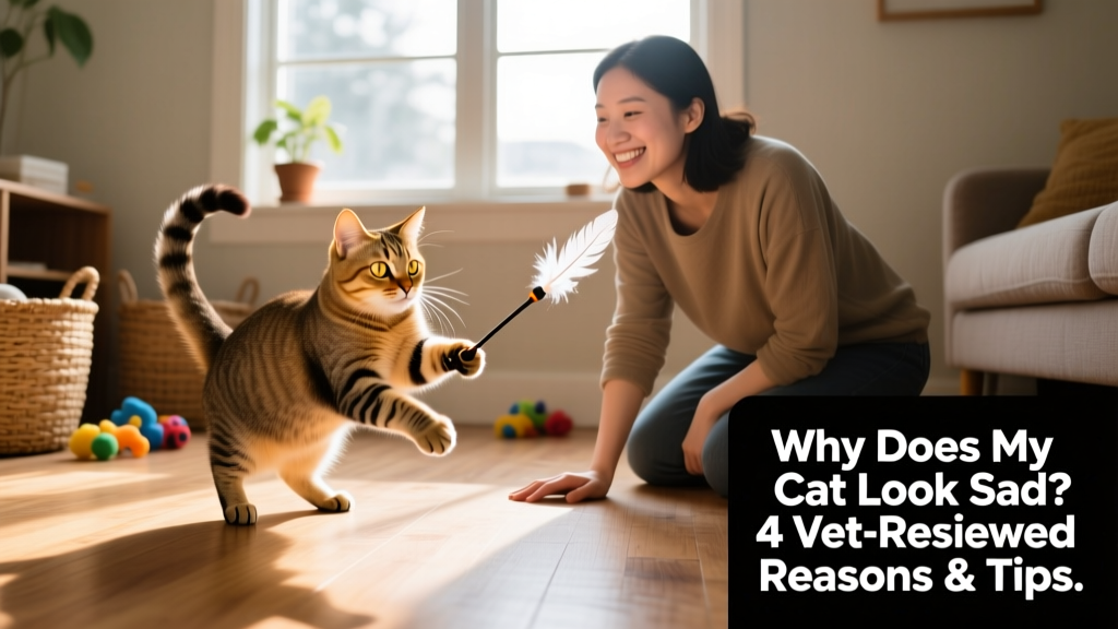 Cat batting at a feather wand toy while owner kneels nearby, both engaged and relaxed