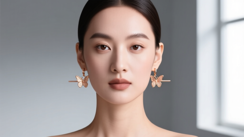 Woman wearing 14k rose gold butterfly drop earrings, showing how the horizontal width of the design balances an oblong face shape