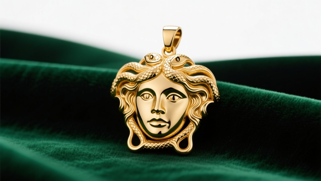 Gold Versace Medusa pendant on emerald velvet, highlighting intricate facial details and snake hair under soft studio lighting