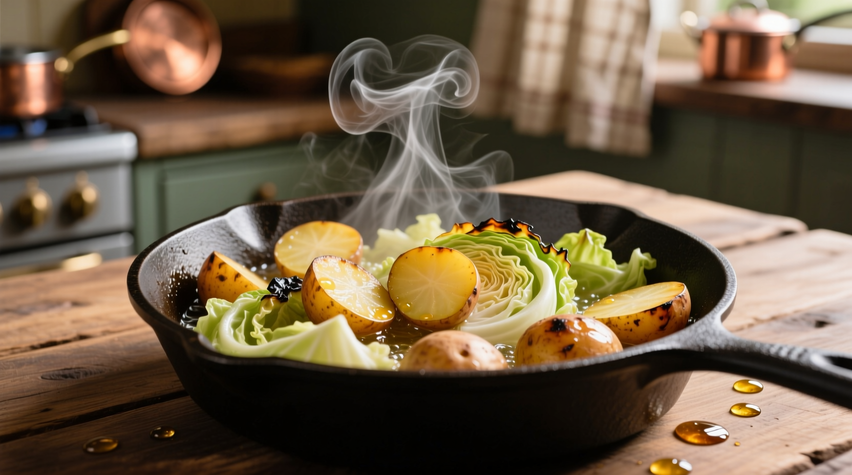 Sizzling cabbage and potatoes in cast iron skillet
