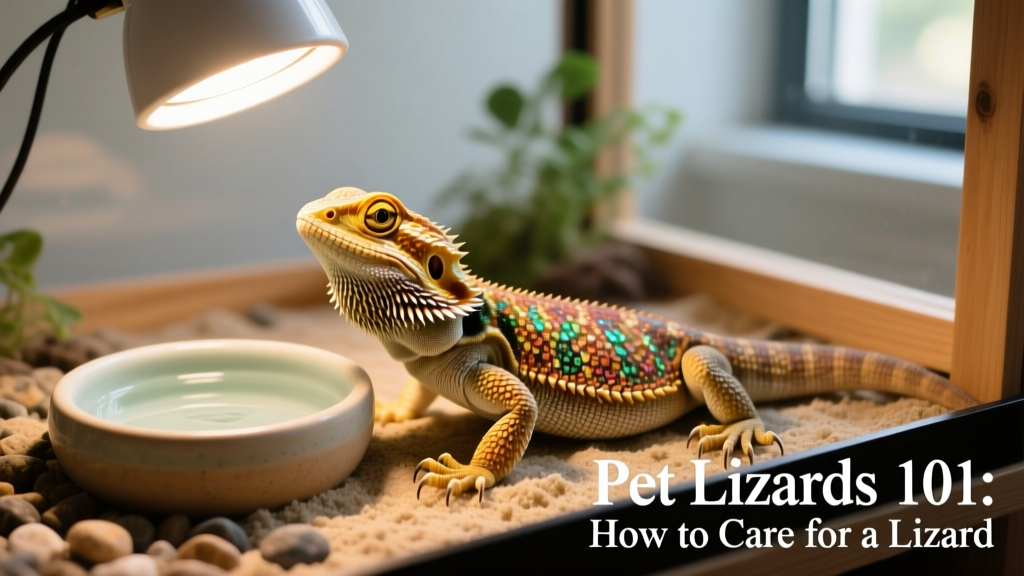 A bearded dragon basking under a UVB lamp beside a shallow water dish and textured substrate