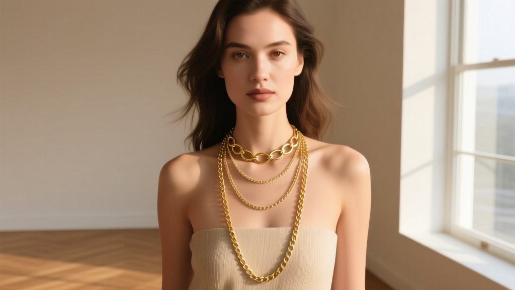 Woman wearing a layered stack with a delicate 16-inch interlocking ring necklace paired with a longer 20-inch gold lariat chain