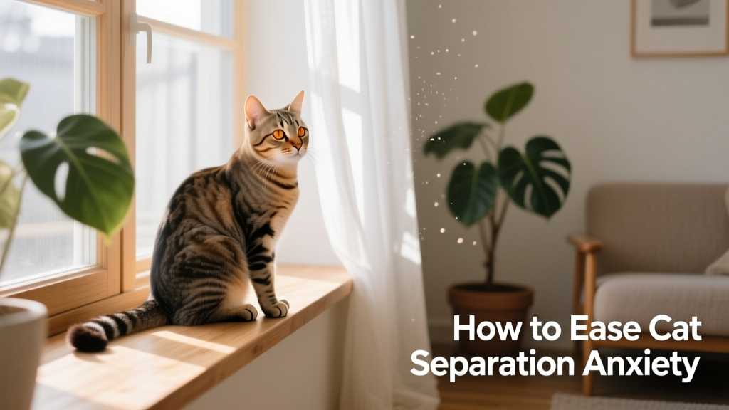 A calm, relaxed cat sitting on a window perch overlooking a quiet room
