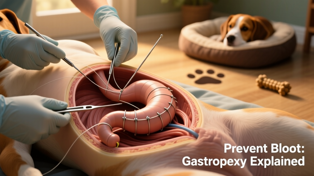 Illustration showing gastropexy procedure: stomach sutured to abdominal wall to prevent twisting