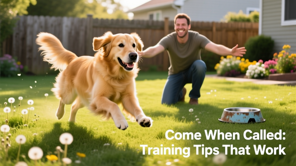 A dog happily running toward their owner in a sunny, grassy backyard