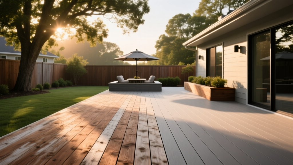 Weathered pressure-treated wooden deck boards contrasting with pristine capped composite decking on a spacious 12x20 backyard outdoor living space