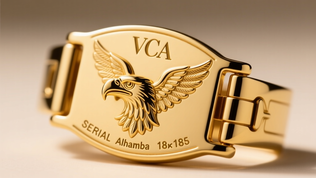 Macro shot of a genuine VCA Alhambra clasp showing the crisp eagle head hallmark and engraved serial number on 18k yellow gold