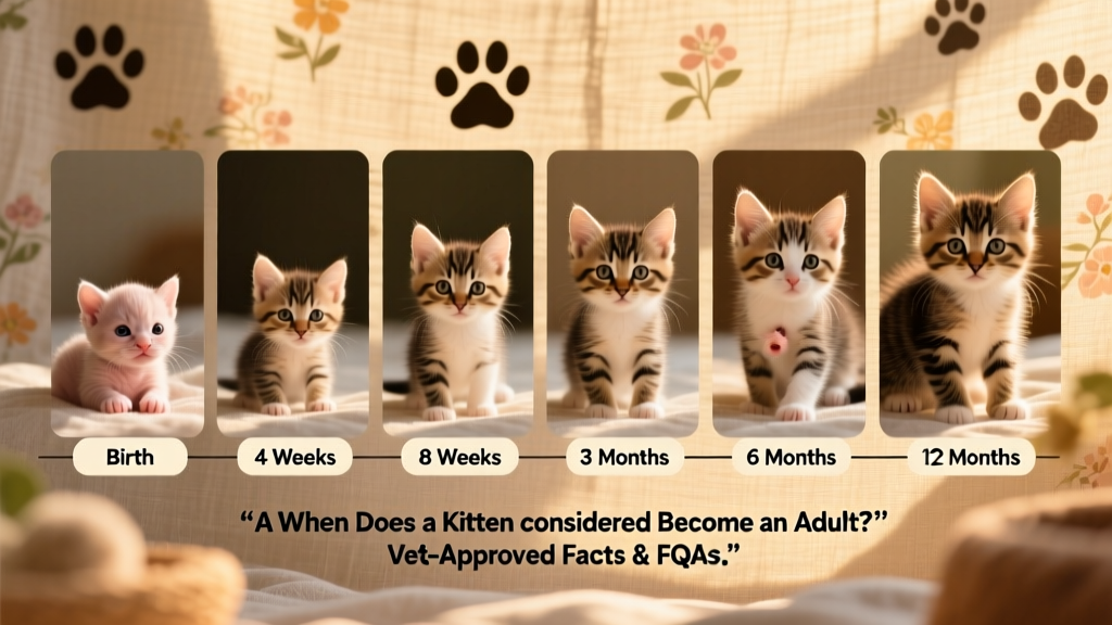 Timeline graphic showing key kitten developmental stages from birth to 12 months
