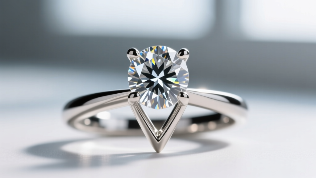 Macro photography of a five-prong setting securing a 1.5 carat pear cut diamond, focusing on the protective V-prong at the tip.