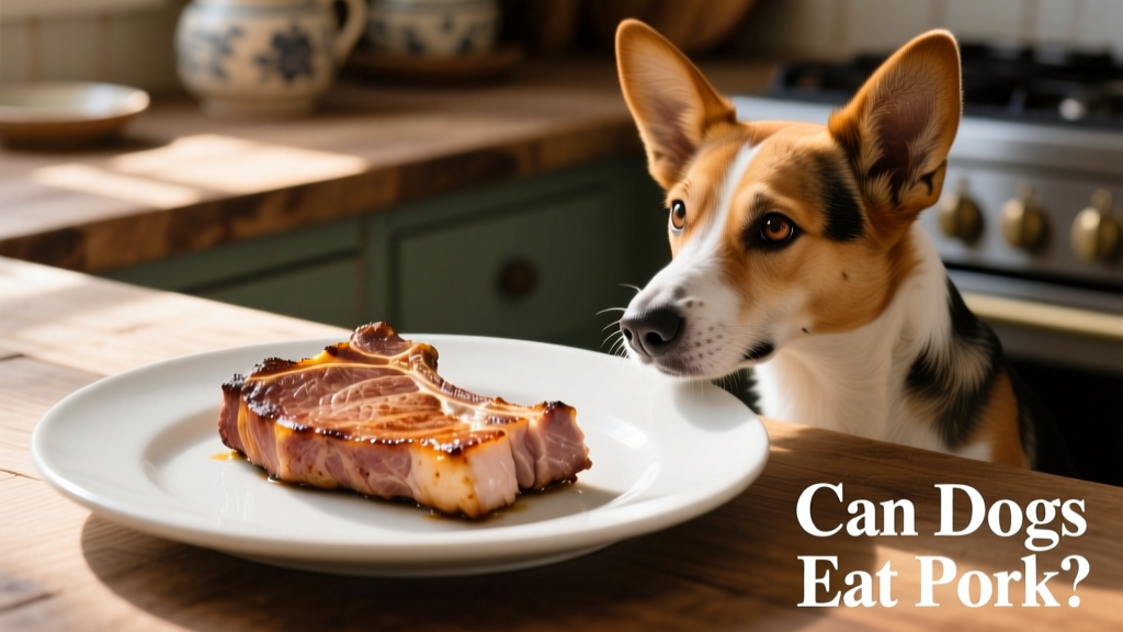 A lean, plainly cooked pork chop served on a plain white plate beside a curious dog