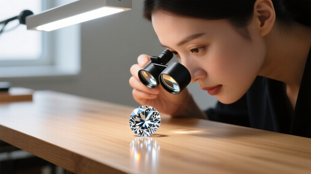 Jeweler examining a loose round brilliant diamond with a 10x triplet loupe under bright LED lighting at a clean wooden workbench