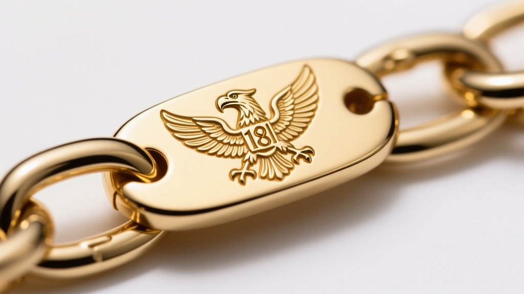 Macro shot of a Spanish 18k gold eagle hallmark stamped on a polished flat-cable chain link, illuminated by warm studio lighting.