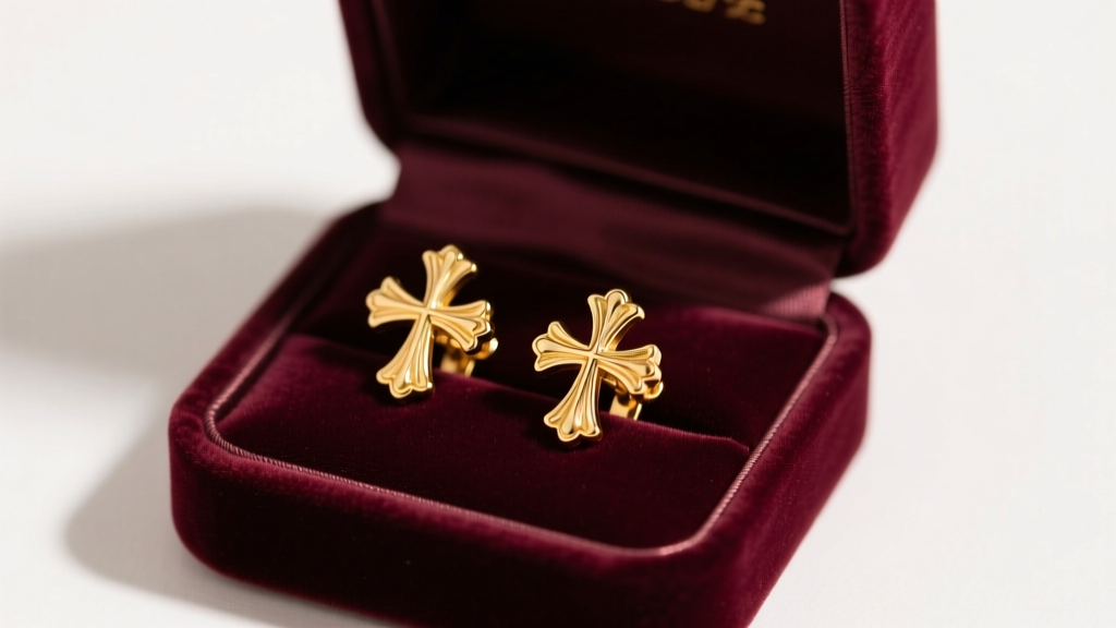 Close-up of an open velvet box displaying 14k gold vermeil clip-on cross earrings on dark silk, lit by soft warm studio light