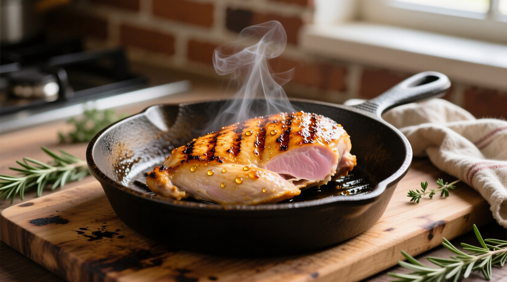 Perfectly seared chicken breast in cast iron skillet