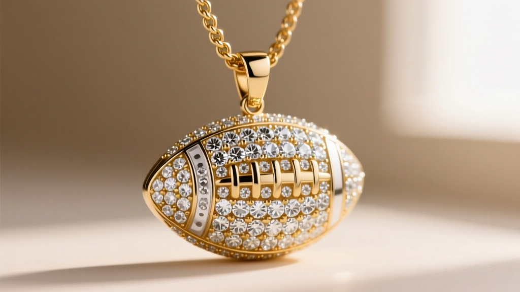 Close-up of a heavy custom football diamond pendant on a thick gold chain, featuring intricate pave settings and crisp white stones