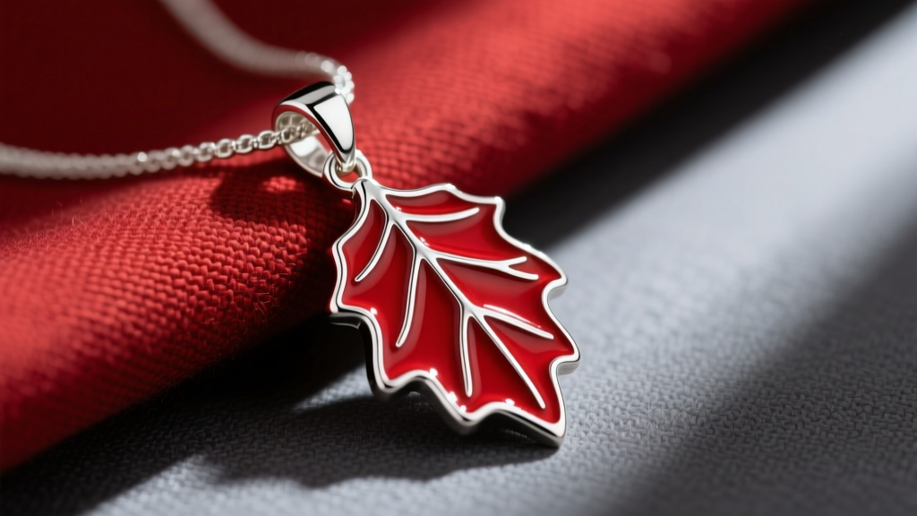 Sterling silver Ohio State buckeye leaf pendant with red enamel resting on textured scarlet and gray fabric backdrop for game day