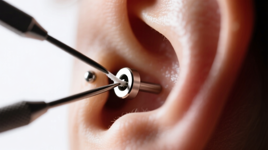 Diagram showing the proper angle to clean a heart daith clicker hinge without irritating the sensitive inner ear fistula site.