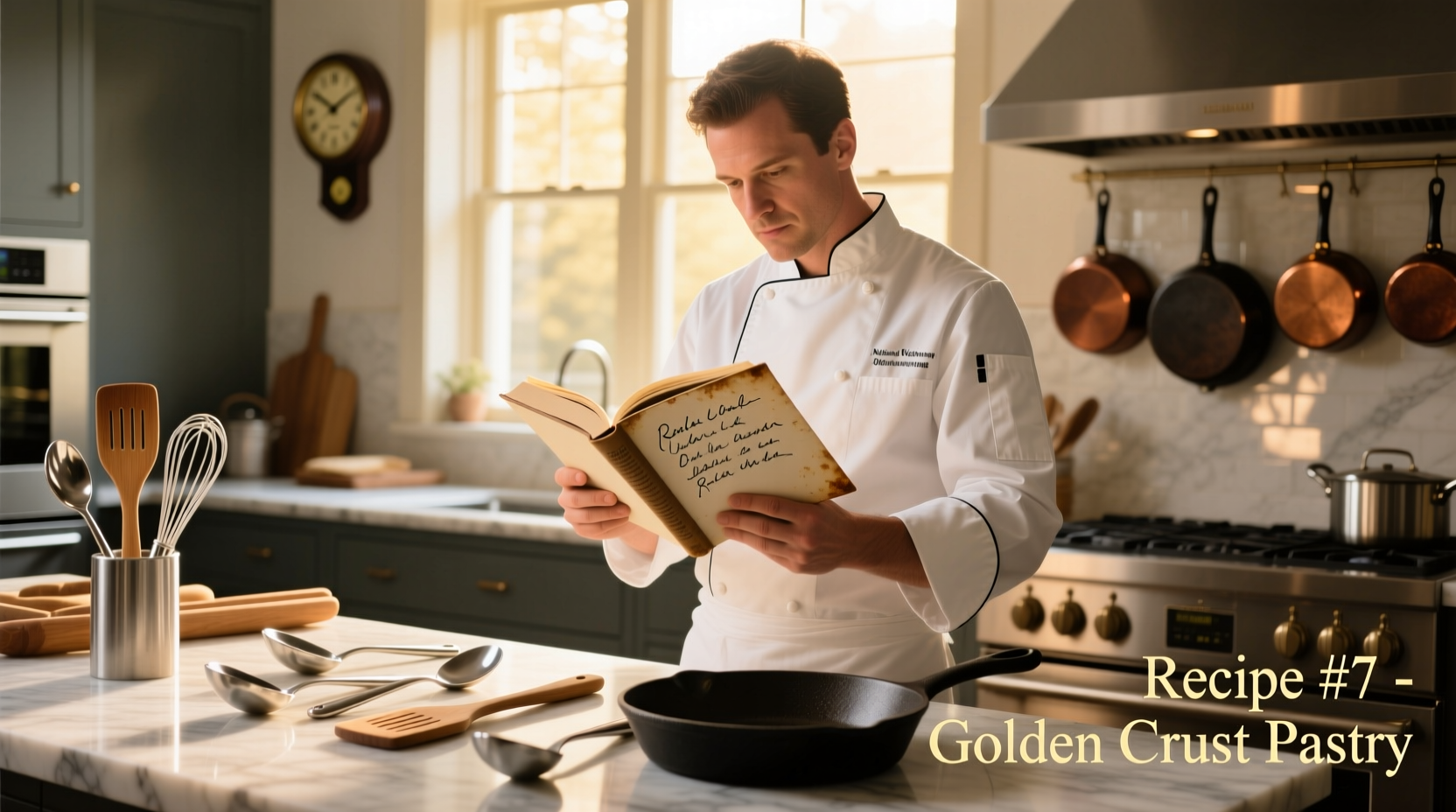 Chef examining recipe book with cooking utensils