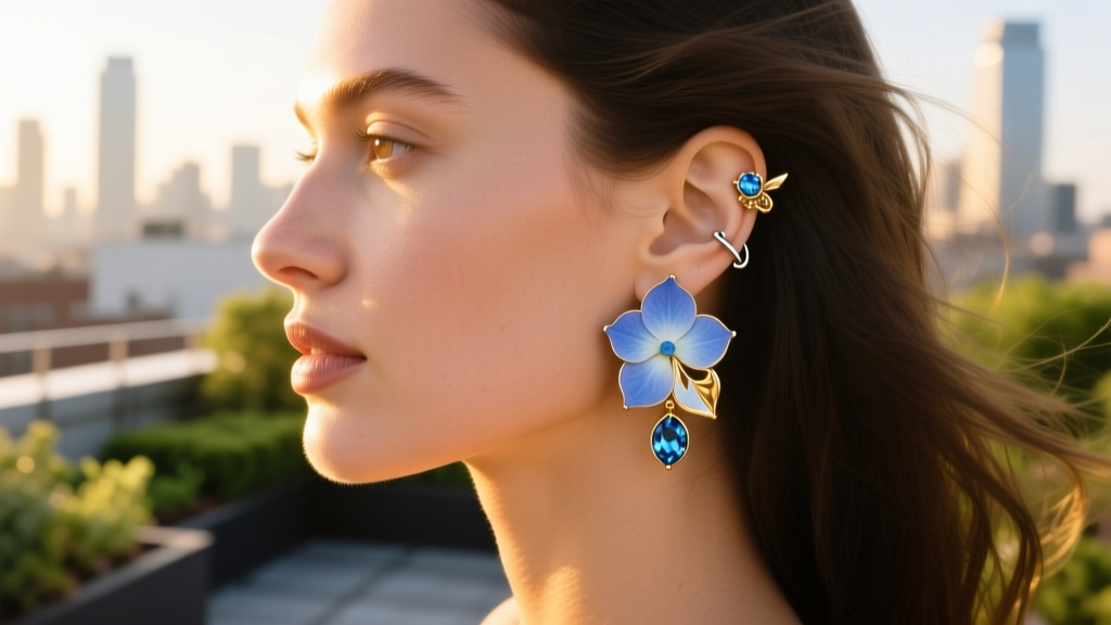 Side profile of a woman wearing gold and blue topaz hydrangea ear cuffs on her cartilage, bathed in warm golden hour sunlight