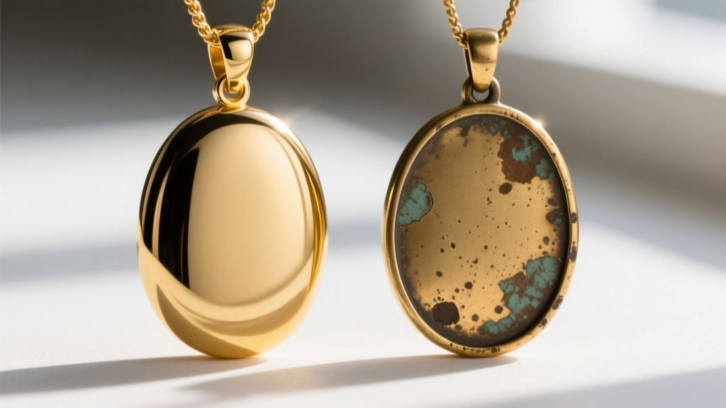Macro shot of an 18k gold vermeil oval pendant next to a faded brass plated one, highlighting edge wear and color differences.