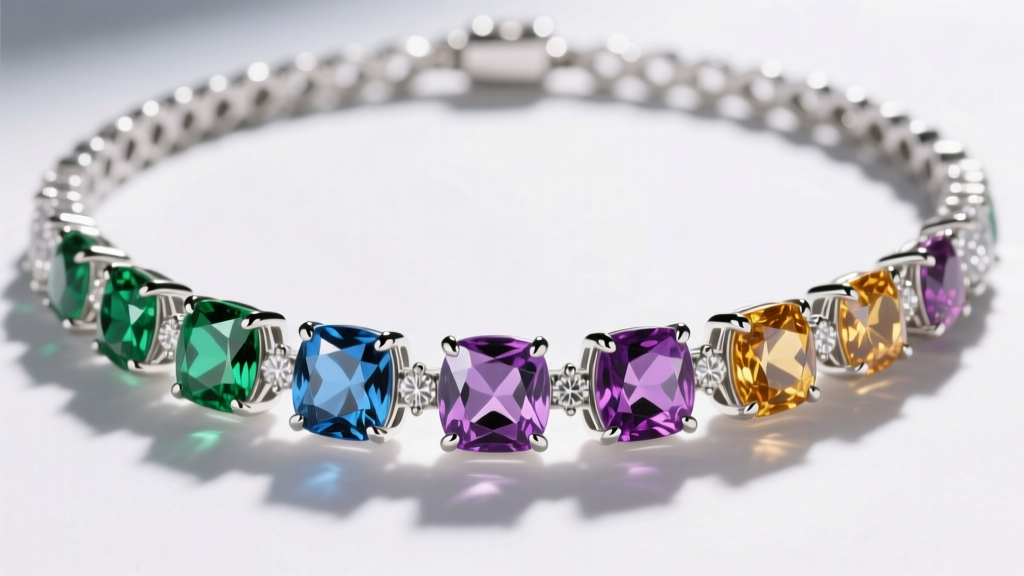 Close-up of a multi colored diamond tennis necklace featuring secure bezel settings for each fancy color stone in platinum.