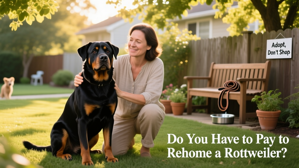 A calm, well-groomed Rottweiler sitting beside a caring owner in a sunlit backyard