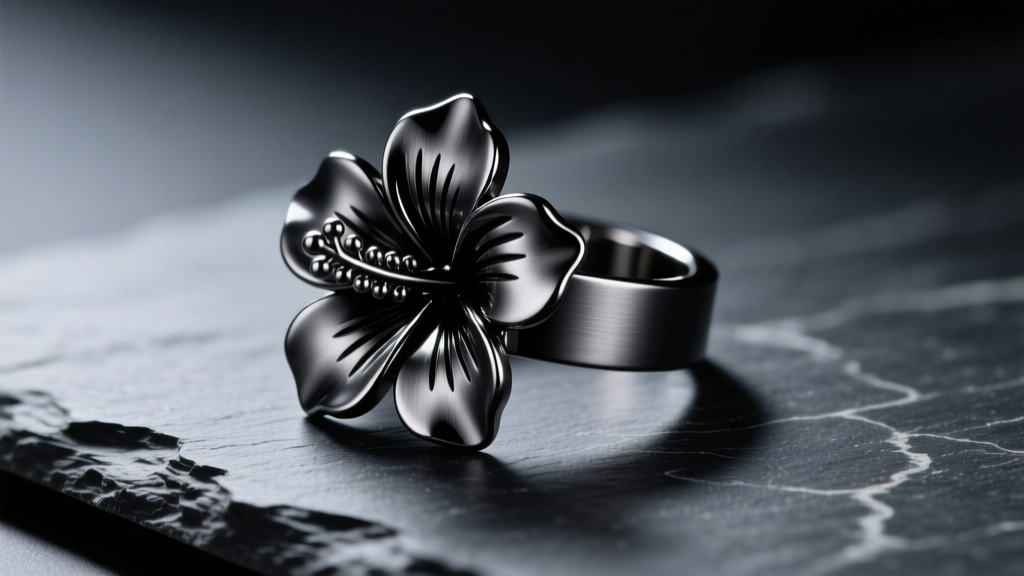 Close-up of a masculine 14-gauge black titanium hibiscus flower ear cuff with brushed matte finish, resting on a dark slate surface under moody studio lighting