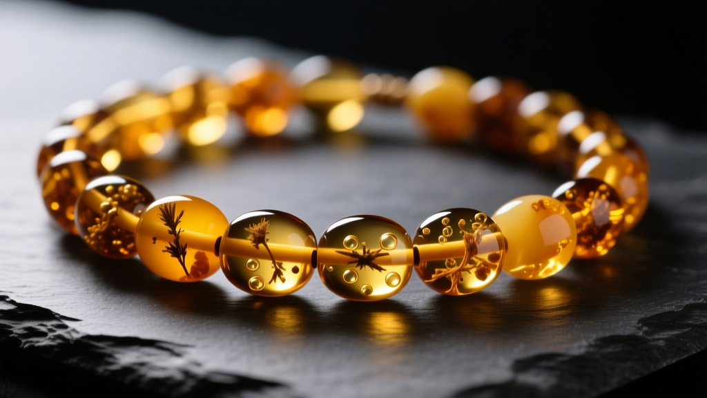 Macro photo of a raw Baltic amber bead necklace with natural inclusions resting on dark slate under soft directional lighting.