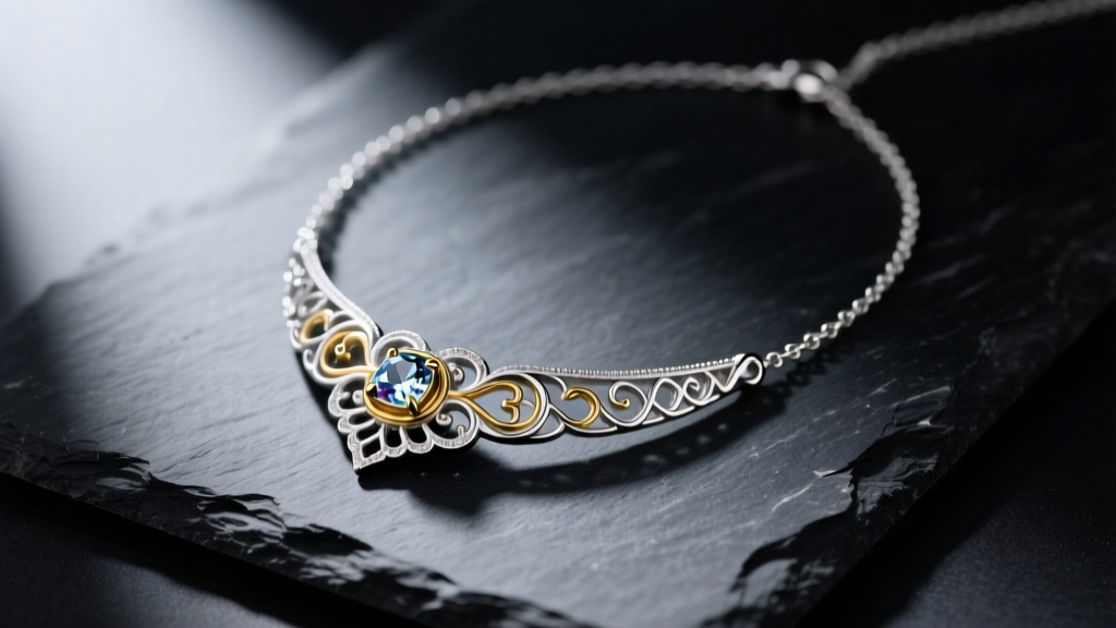 Flat lay of a DaneCraft sterling silver and gold vermeil pendant necklace on dark slate with soft directional lighting