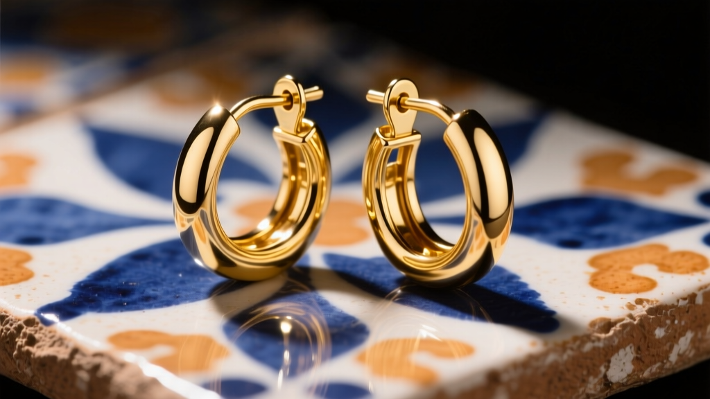 Macro view of 14k gold hinged hoop earrings with clicker clasp on rustic talavera tile, lit by warm directional studio lighting